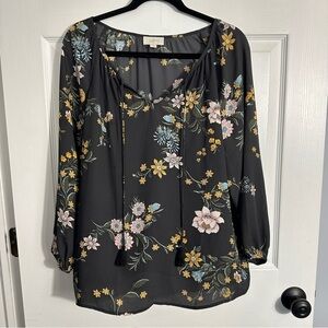 Loft Outlet M semi-sheer chiffon top, long sleeve, floral, v-neck, office, boho